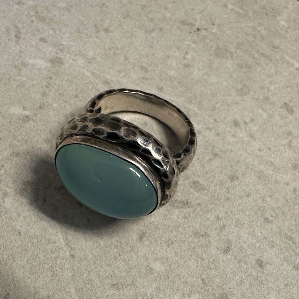 Sterling Silver Hammered band ring with Aqua stone